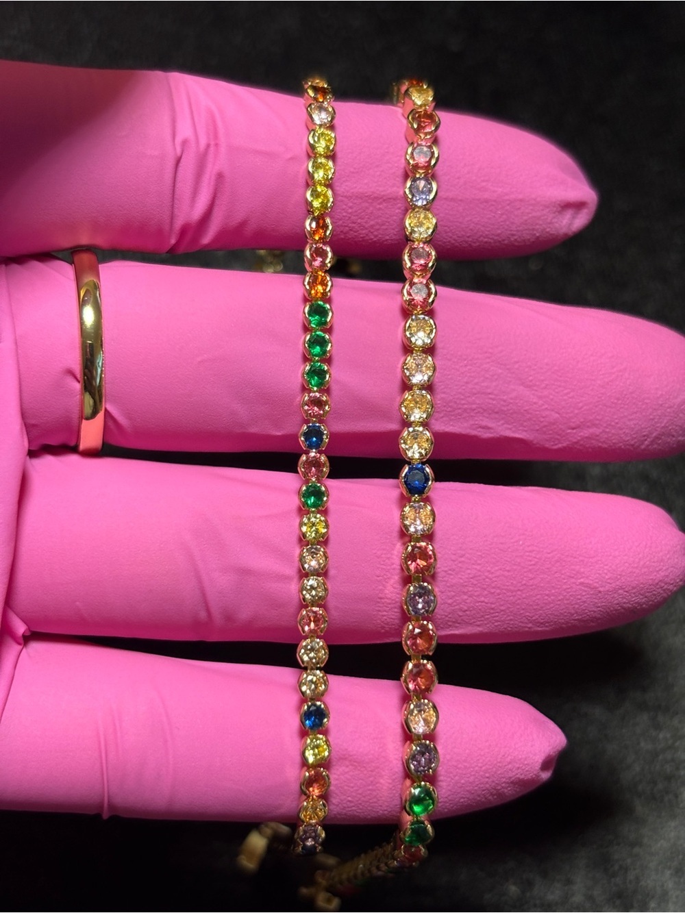 2 Yellow Gold Multicolor CZ Tennis Style Bracelets 8in. - Picture 13 of 15